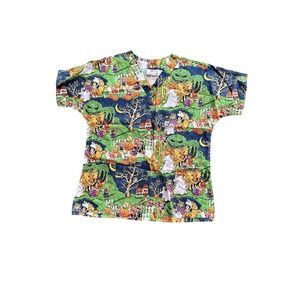 White Cross Halloween Themed V-Neck Scrub Top Largest Vibrant Patchwork Design